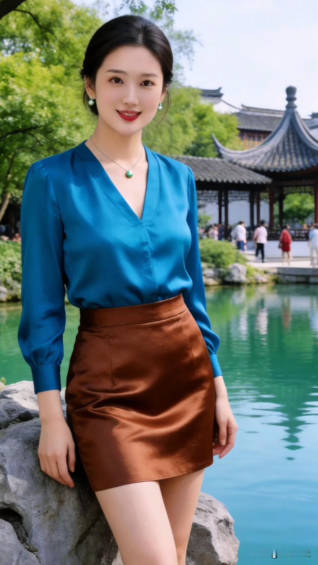 孔雀蓝缎面衬衫是职场穿搭的王牌单品✨
自带柔光质感的面料+利落剪裁，V领/飘带设