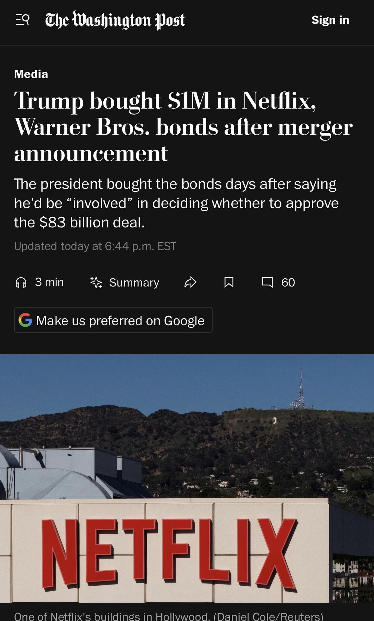 唐纳德·特朗普从网飞Netflix和华纳兄弟Warner Bros那里购买了价值