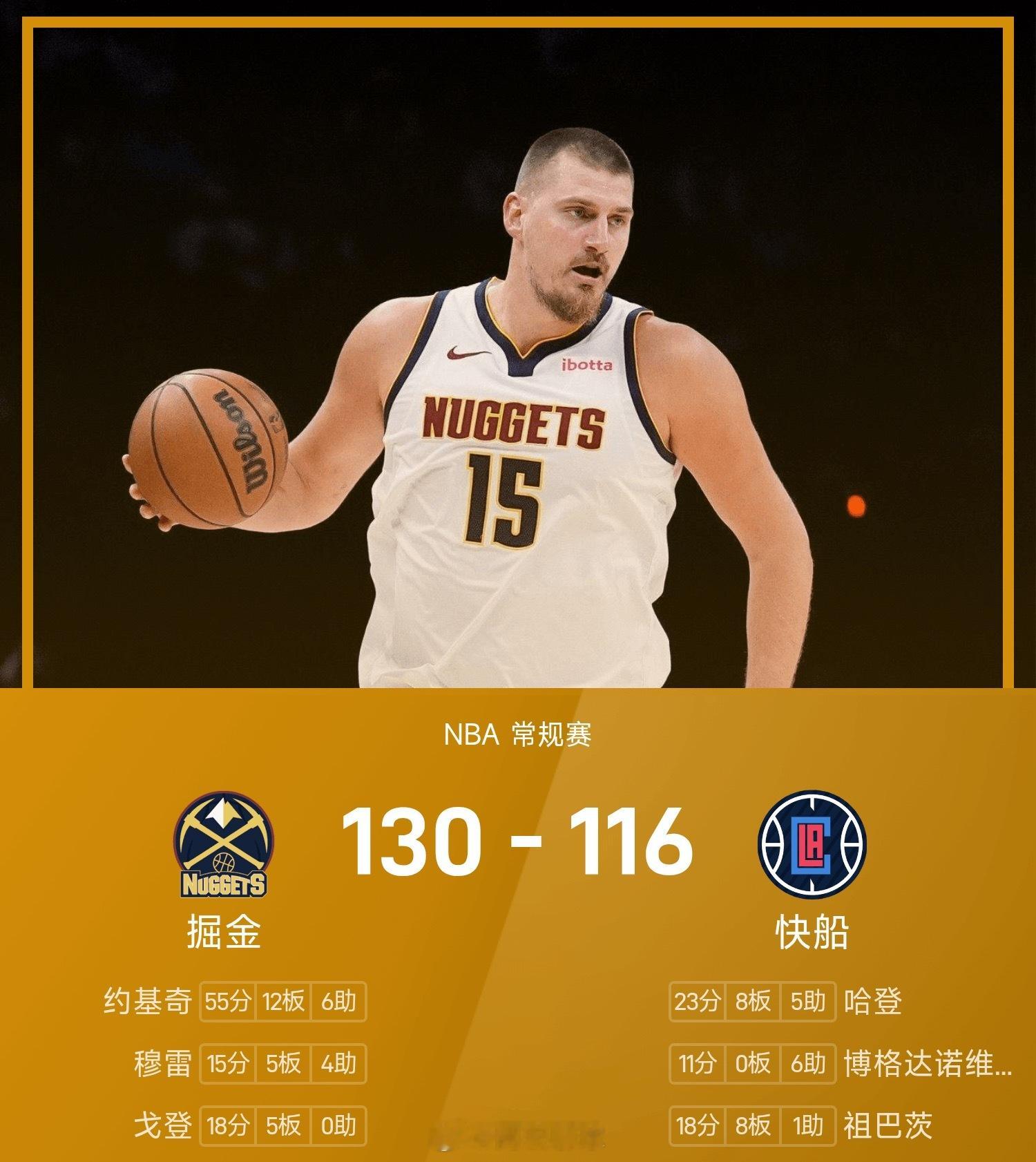 25/26赛季NBA 常规赛，快船对阵掘金。双方全场战罢，快船116-130不敌