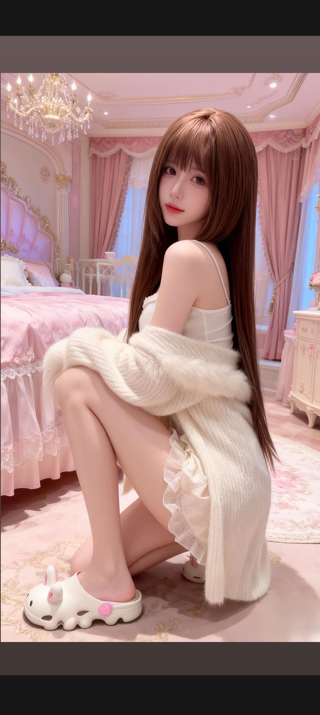 少女心爆棚的粉色梦幻卧室，萌妹子可爱蹲姿，毛绒外套与兔耳拖鞋，甜美到爆！💖🌸