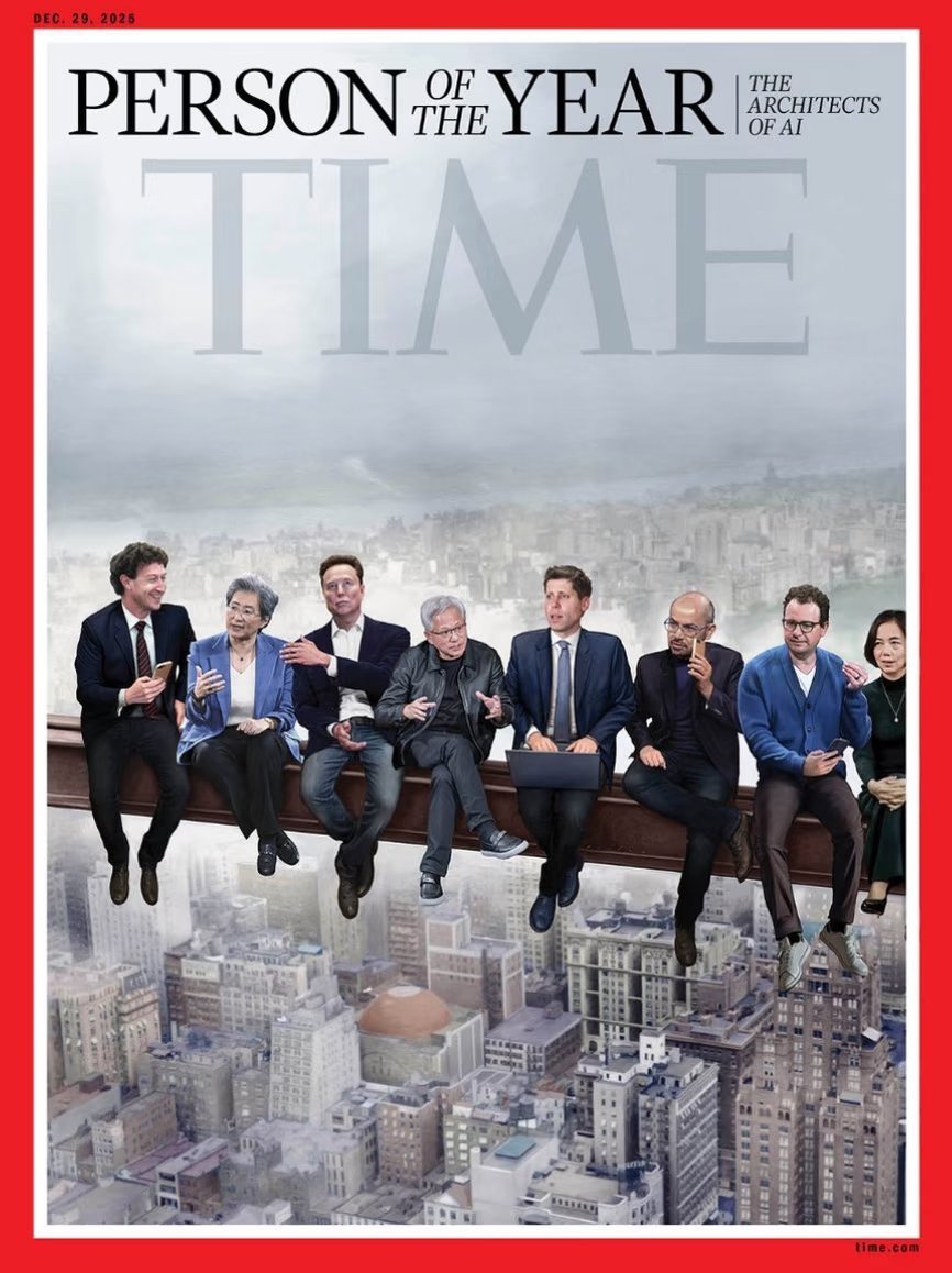 时代周刊的年度人物封面，颁给了Ai的构建群体： 一群科技公司巨头。这张照片模仿了