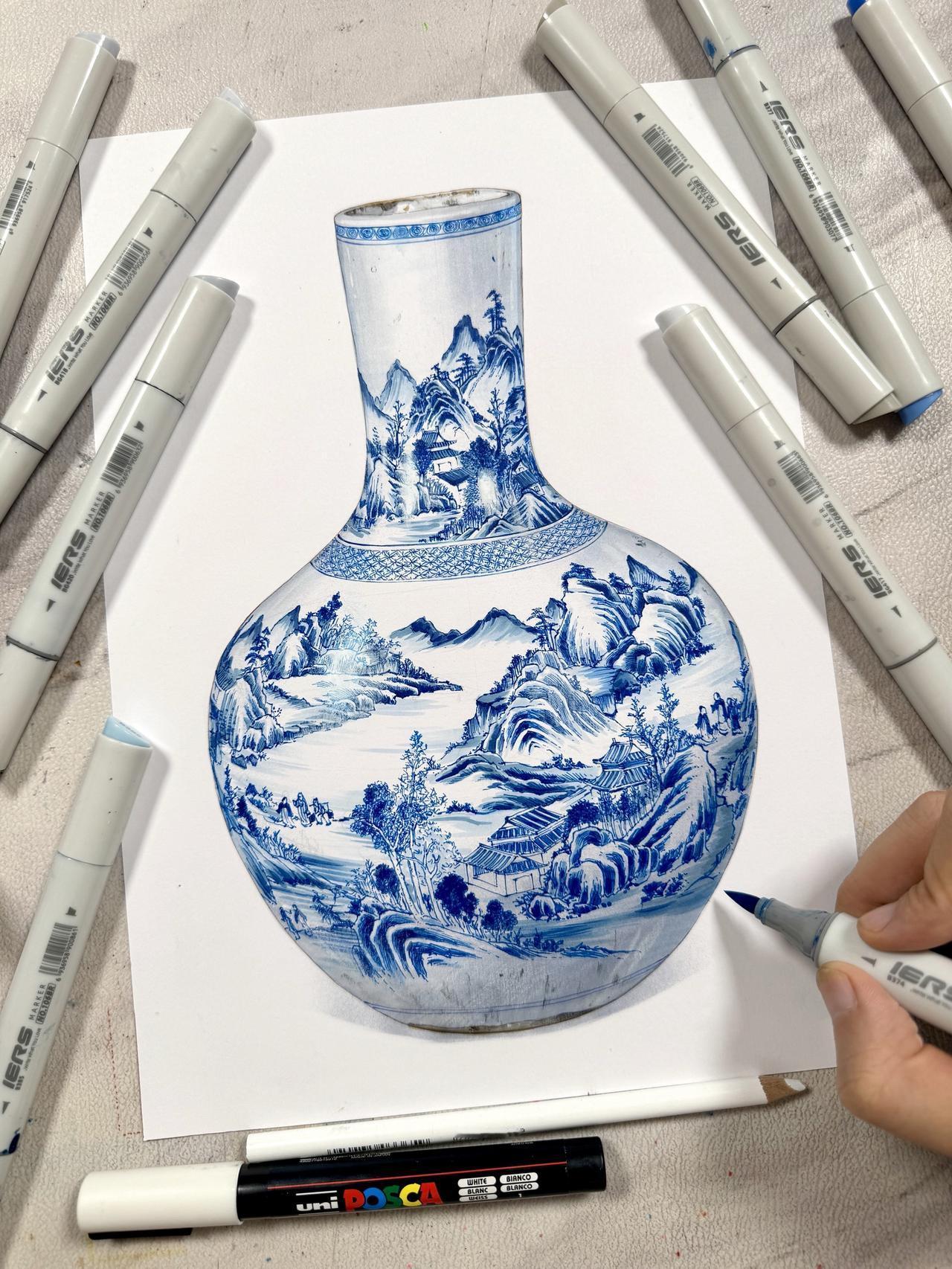 瓷器之美 马克笔 马克笔手绘 青花瓷 绘画过程