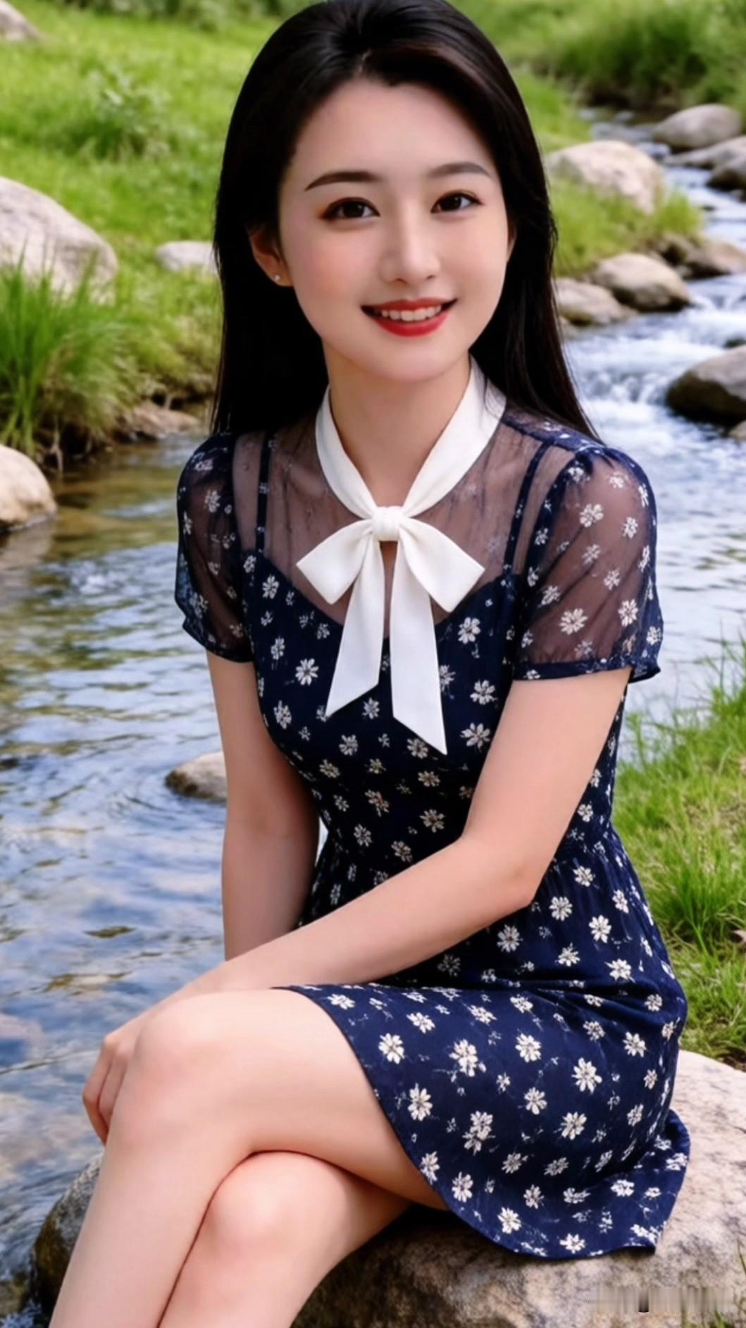 藏青碎花裙自带温柔滤镜，网纱拼接+白色蝴蝶结领，是恰到好处的轻熟甜美。版型利落不