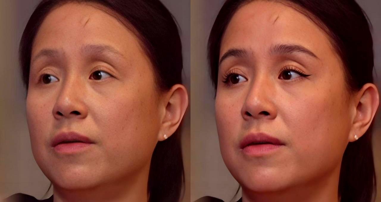 素颜像老了20岁，妆后气场全开。
 
视频里她眉毛淡到几乎隐形，眼尾拉着整张脸往