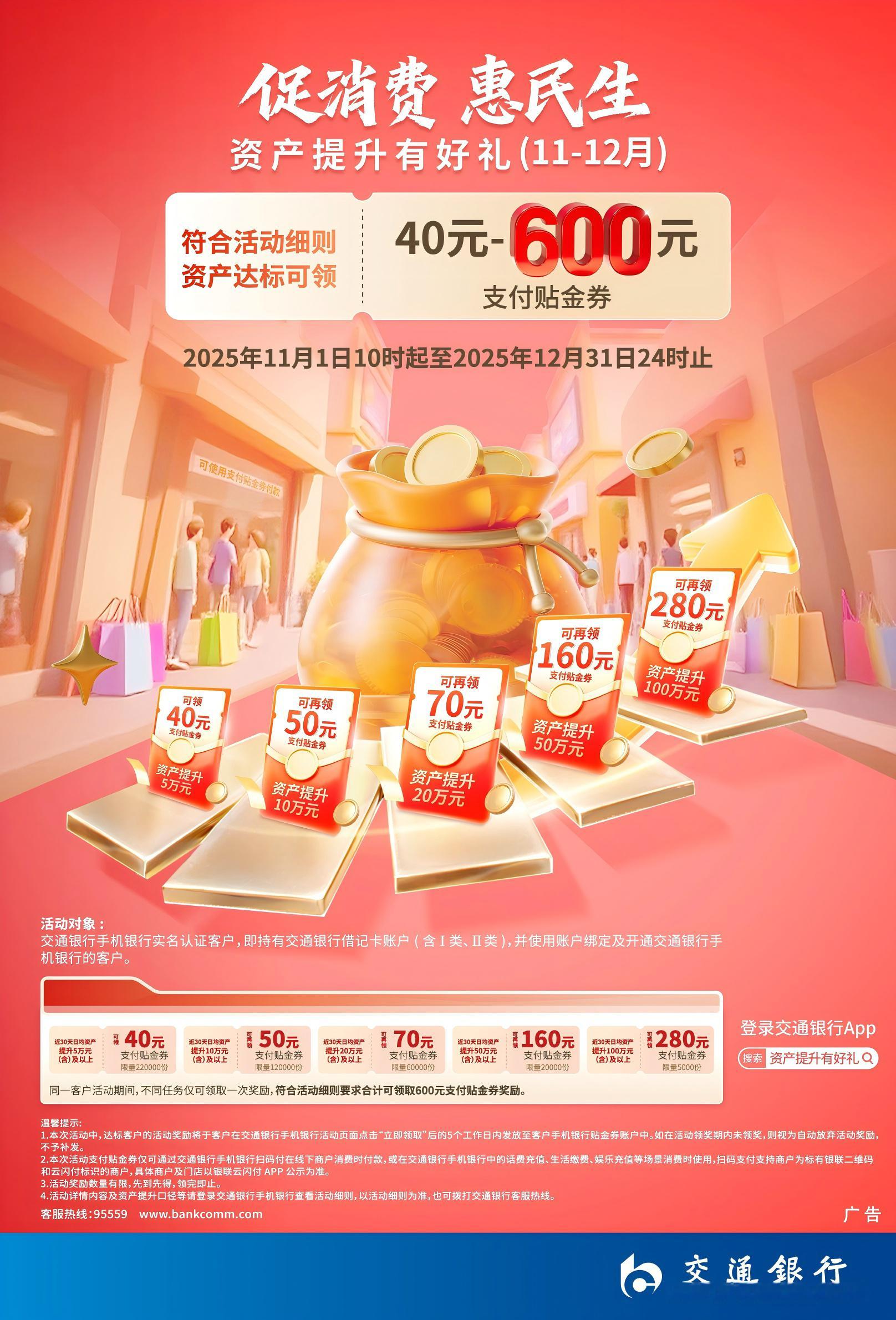 数码绘福利彩蛋！交通银行「资产提升有好礼」活动上线～符合活动细则资产达标可领40