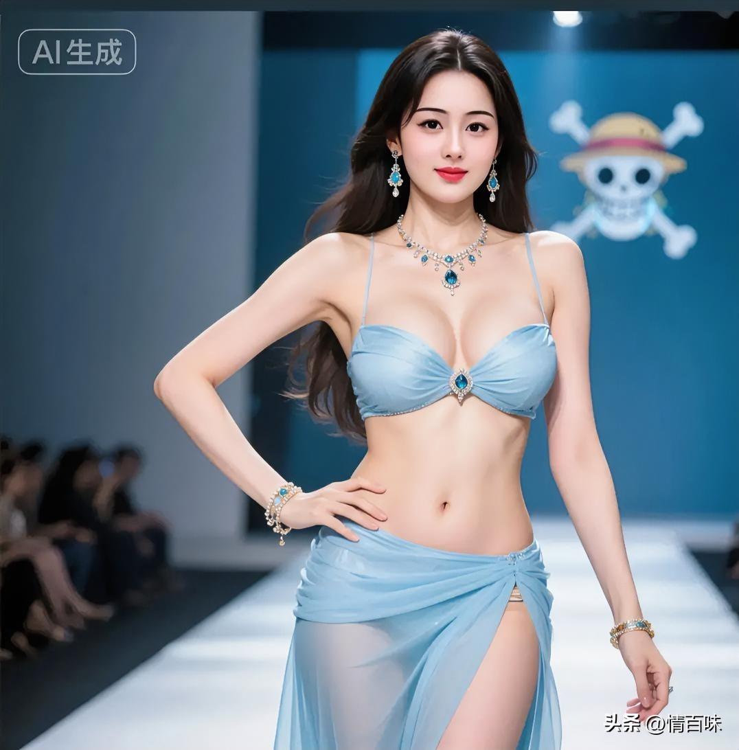 前女友走秀，心里不好受，时尚秀场上的惊艳亮相，蓝裙与珠宝的完美搭配，尽显优雅与魅