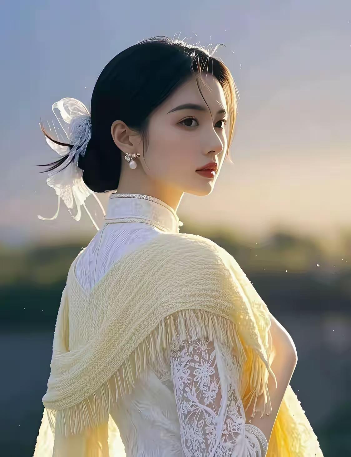 清江引·夕照清姿
晚空似黛霞彩漫，
玉立风姿灿。
云髻霜雪凝，
素纱琼花嵌。
耳