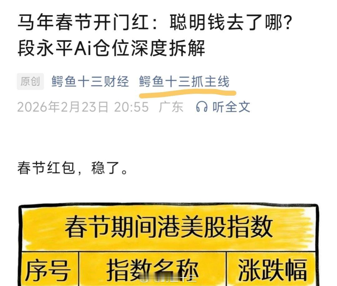 a股 马年春节开门红：聪明钱去了哪？段永平Ai仓位深度拆解这篇文章帮你节约时间，