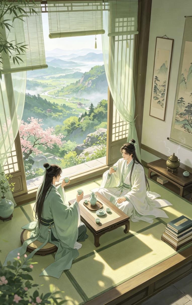 上联：清茶一杯谈天下
下联：淡墨半笺写古今