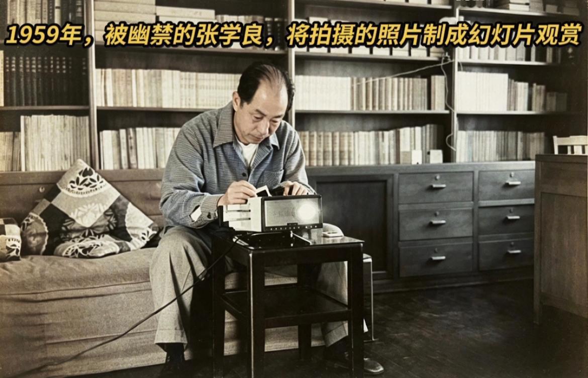1959年，身处幽禁生活中的张学良，坐在室内布艺沙发上。他身着细格纹衬衫搭配长裤