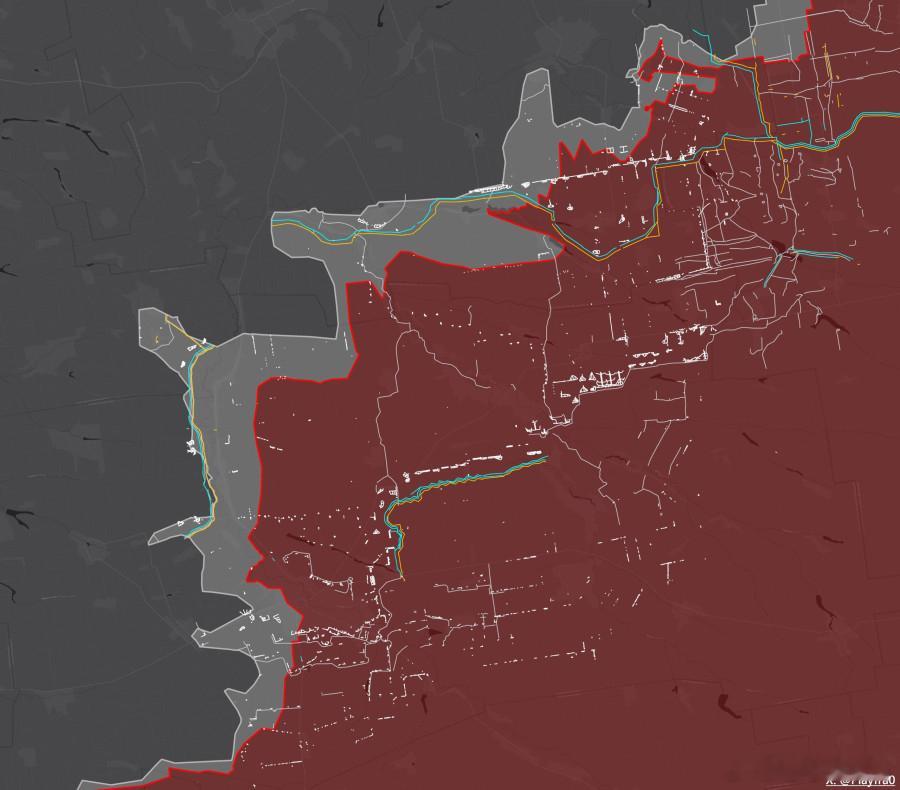 俄乌冲突 古利亚伊波列战役期间，被俄军东集群突破的乌军防御区示意图。白色标注的是