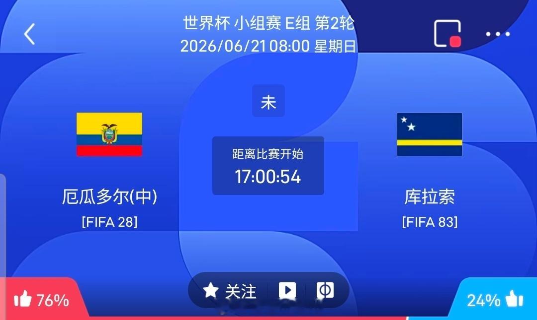 【足球】周六035世界杯方向：厄瓜多尔vs库拉索世界杯：厄瓜多尔VS库拉索时间：
