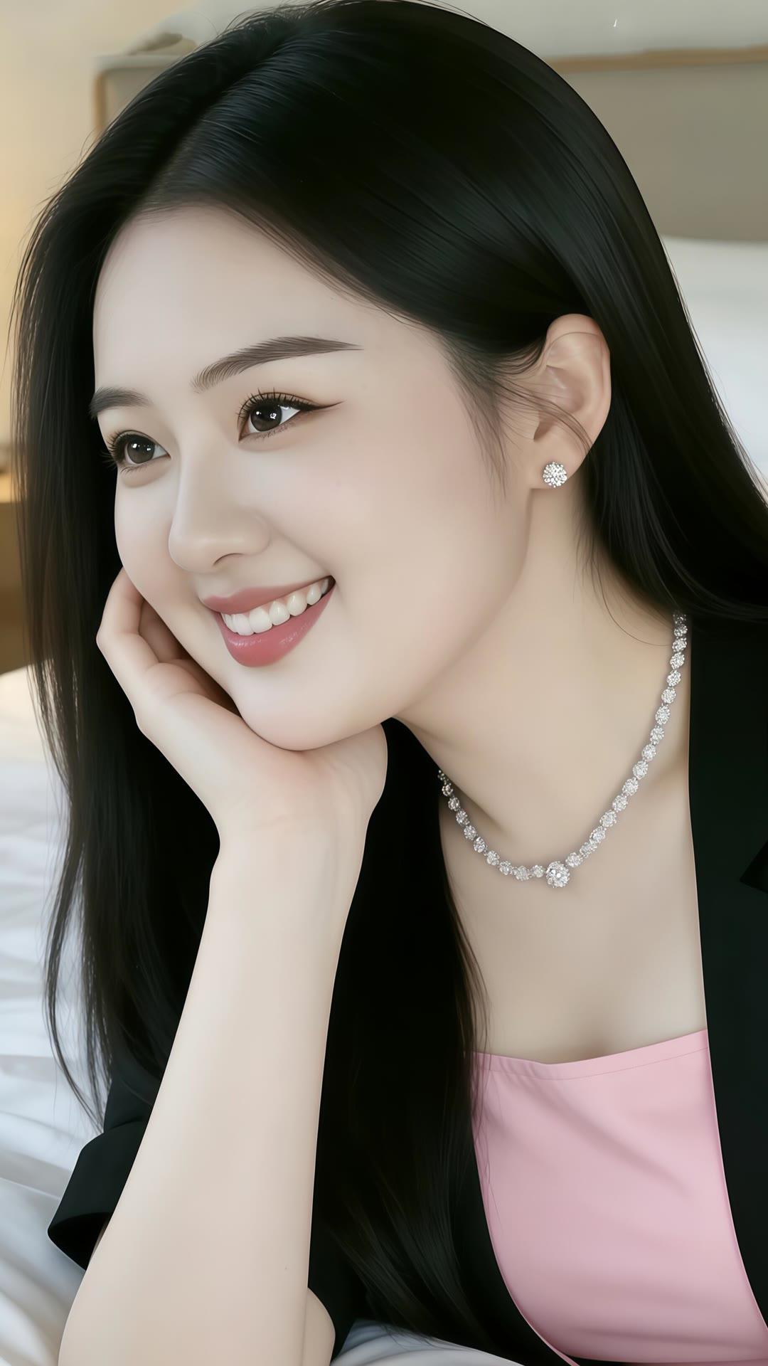 甜美笑容，优雅气质，珍珠项链与耳环的完美搭配，尽显女性魅力！💖✨