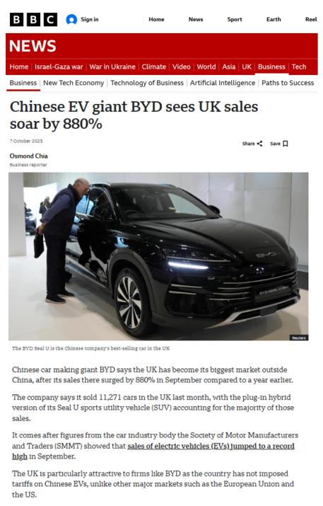 比亚迪在英国这个汽车老牌市场，硬生生创下了单一市场月销破万的硬核战绩！9月在英销