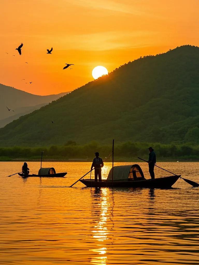 夕阳西下洪泽湖，锦缎铺湖韵自殊。飞鸟驮晖鸣翠谷，渔人唱晚入归途。目落佘晖咉晚霞 