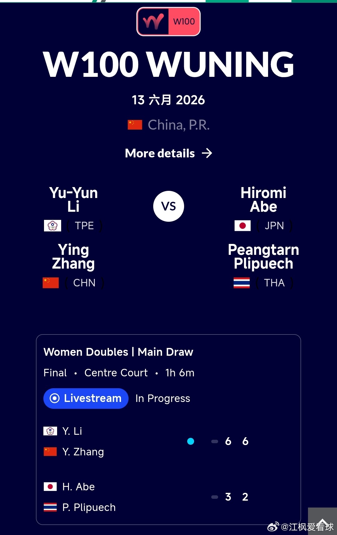 W100武宁站🇨🇳女双决赛海峡组合李羽芸/张莹🇨🇳6-3/6-2战胜阿部