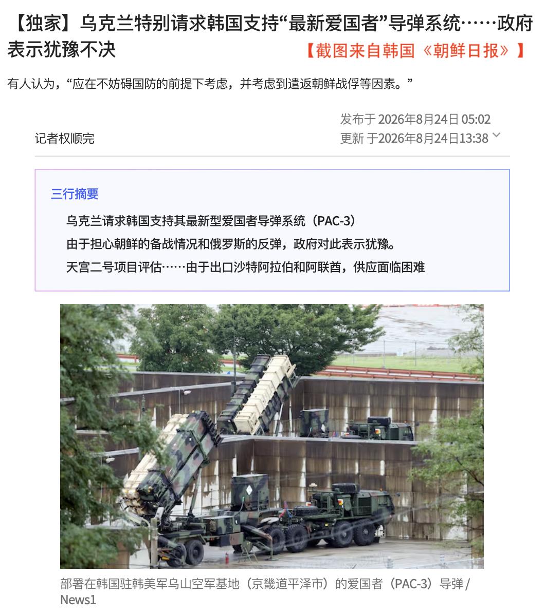 韩国拒绝为乌克兰提供防空导弹。最近两个月，乌克兰外长以及泽连斯基的战略顾问兼亲信