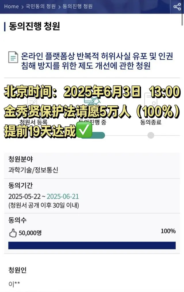 金秀贤保护法请愿提前19天达成✅。