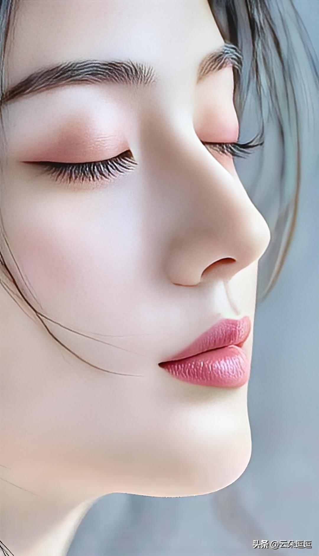 温柔粉唇，闭眼沉思，静谧如画