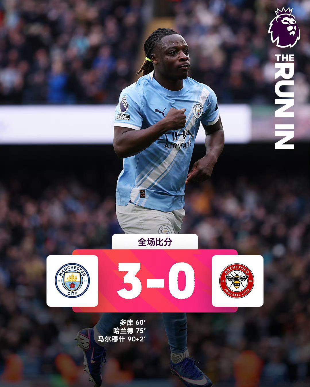 争冠热血不减！曼城3-0横扫布伦特福德，2分之差紧跟阿森纳步伐，多库连续破门拿下