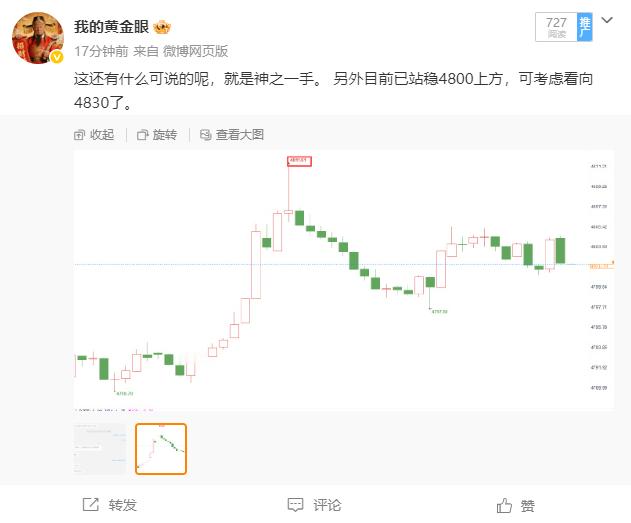早就在博文当中公布过今天的做单思路，站稳4800就可以看多，目前减仓一半吃150