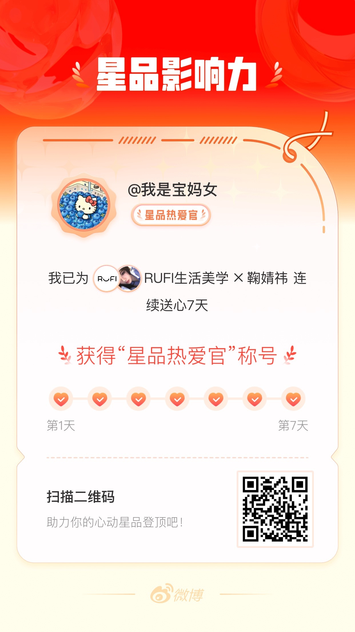 我在星品影响力上为 X 连续送心7天，获得“星品热爱官”称号！快来一起pick你