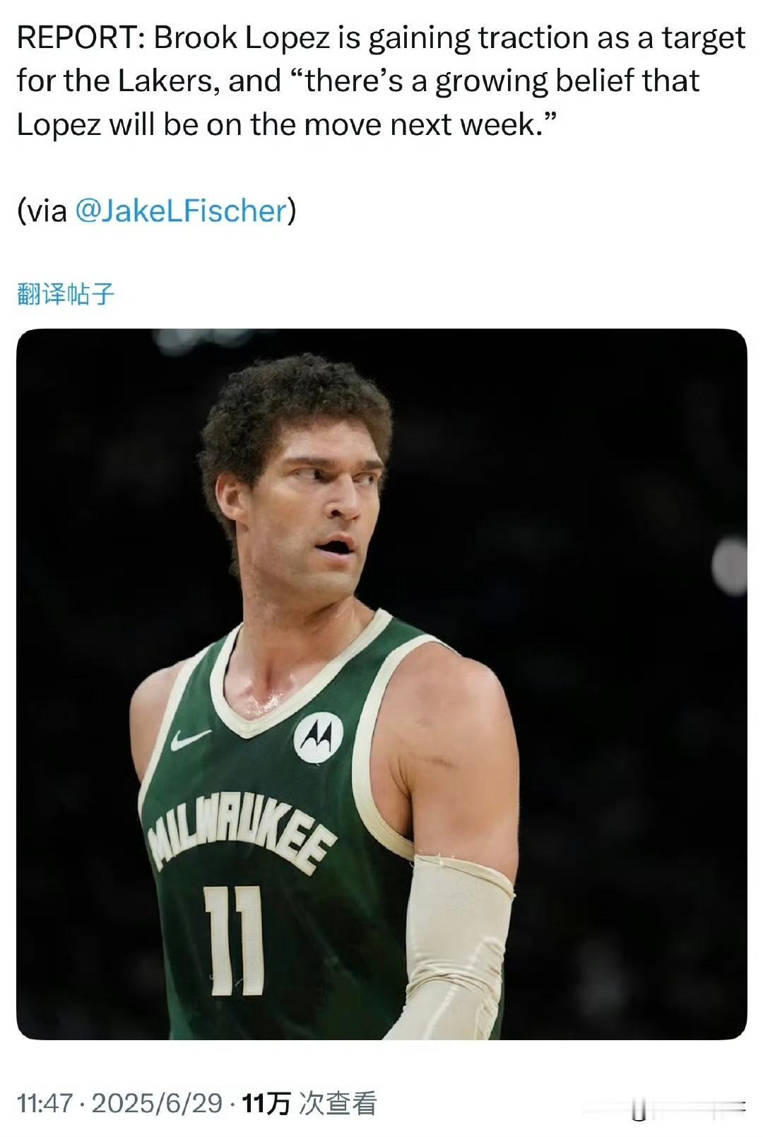 布鲁克-洛佩兹是湖人的目标之一！！！大洛有可能来洛杉矶吗？

根据记者Jake 