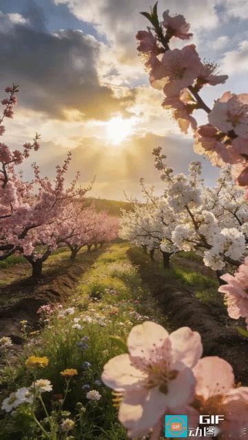 阳光穿过薄云
洒下细碎的温暖
桃花艳，杏花清
野花自在绽放
生命以最热烈的姿态