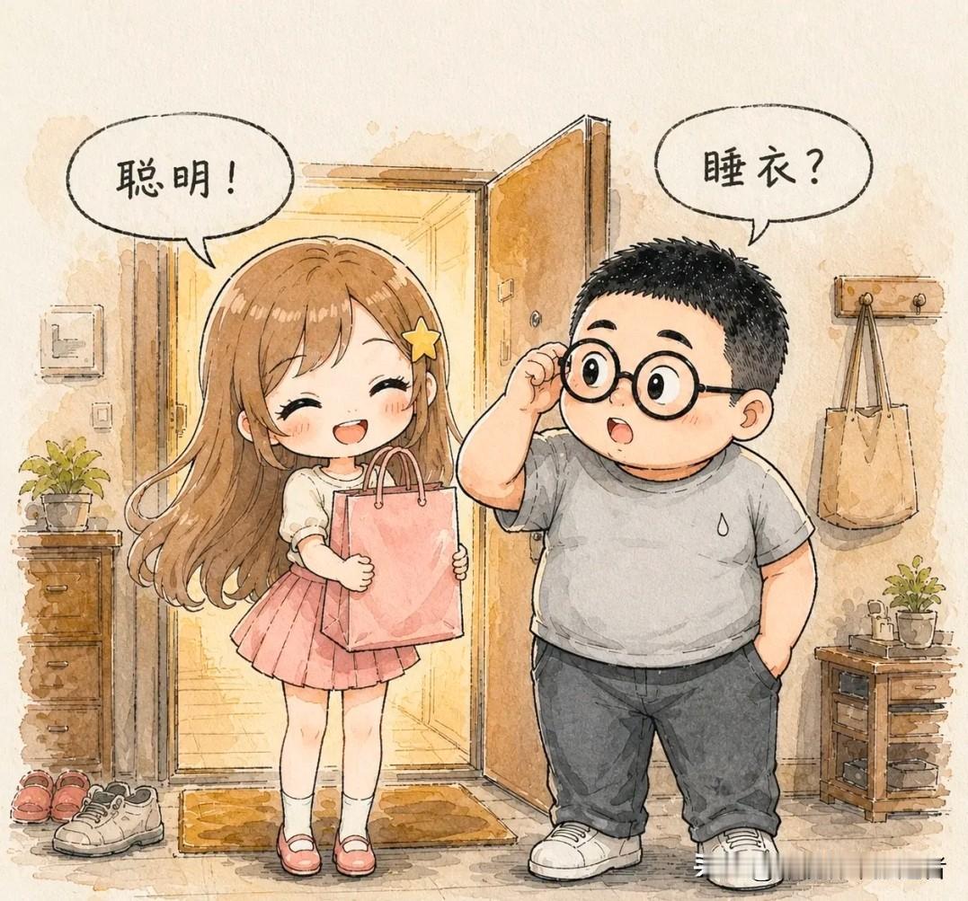 趣味漫画：老婆下班回家，怀里抱着个粉色袋子，脸上笑得像捡了钱。老婆：「老公！你猜