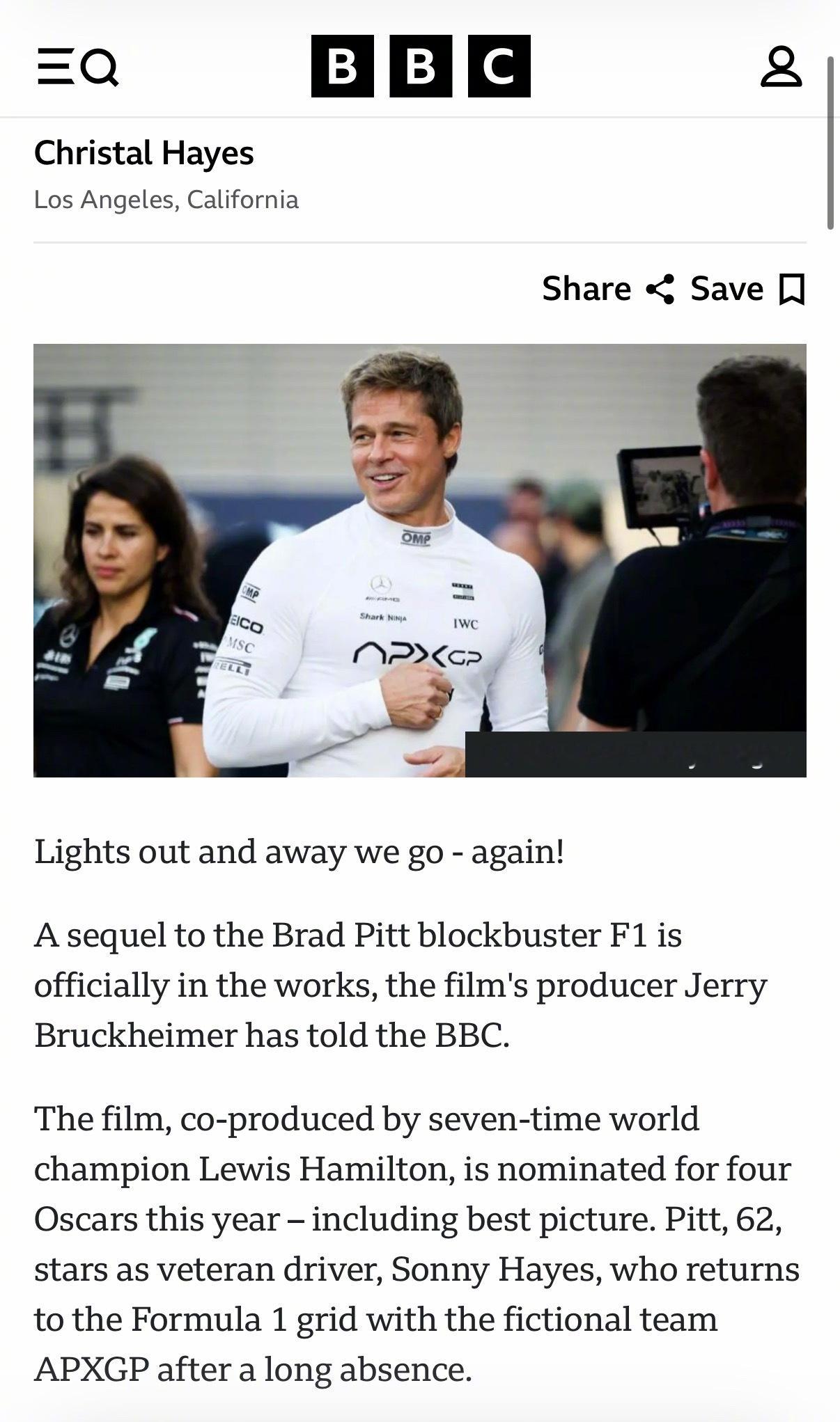 BBC报道：《f1:狂飙飞车》续集正式立项制作！ 