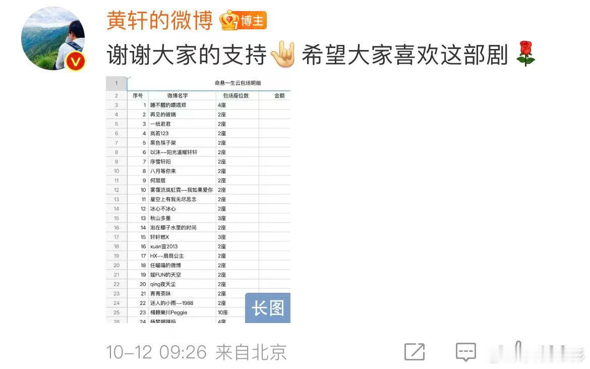 黄轩拉表感谢包场粉丝黄轩感谢包场粉丝 黄轩拉表感谢给《命悬一生》包场的粉丝：“谢