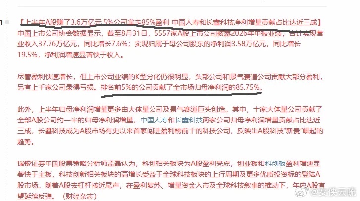 A 股半年狂赚 3.58 万亿！但 85% 利润被 5% 公司拿走，分化之下该如