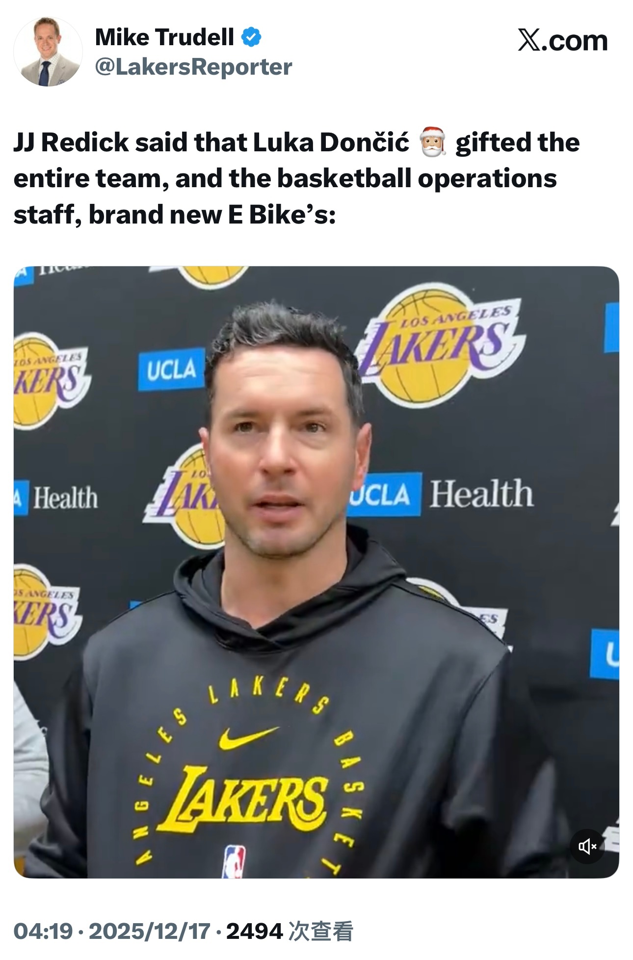 东契奇为湖人篮球运营团队每一位工作人员，所有球员和教练员都购置了一辆电动自行车作