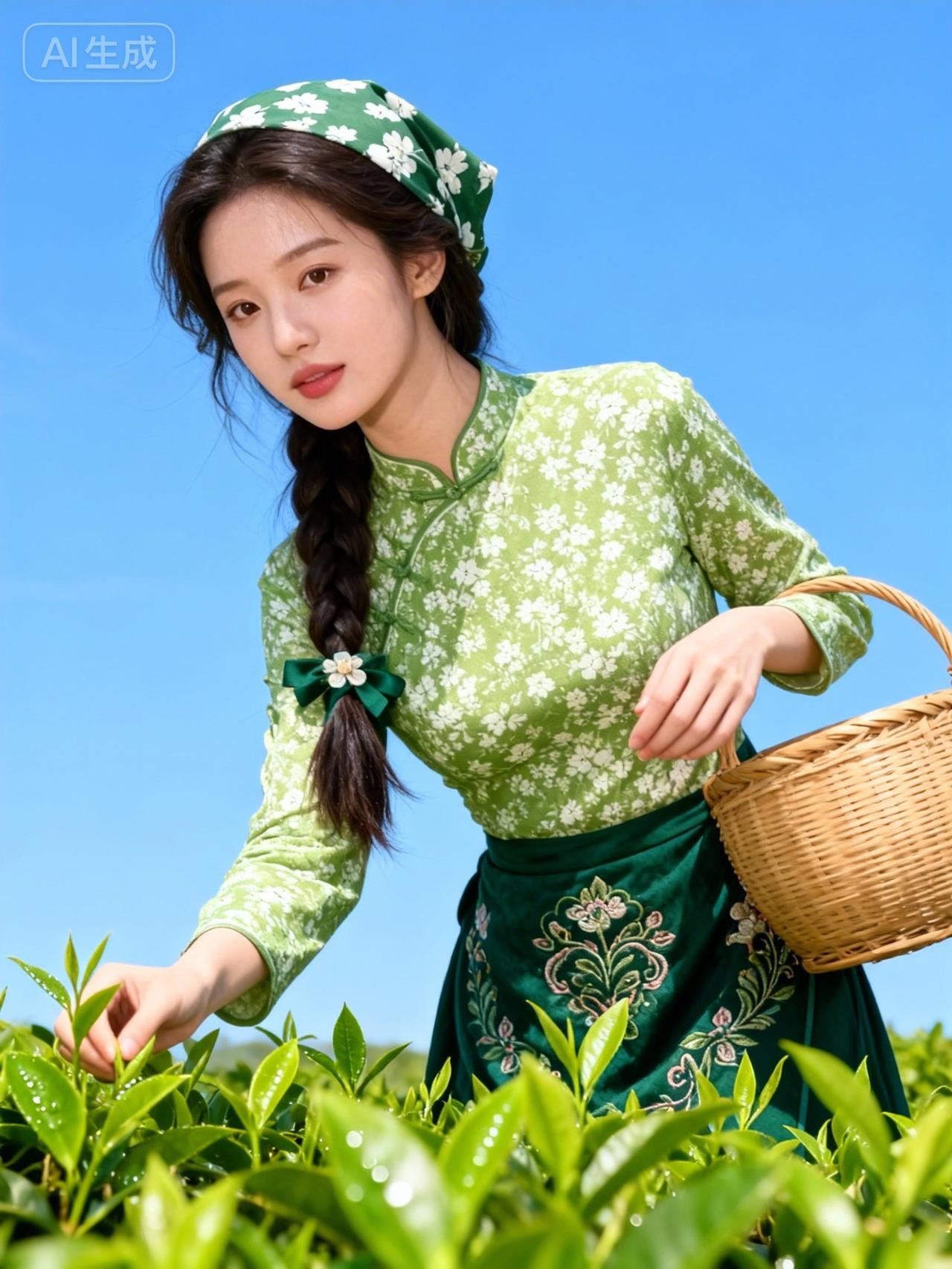 绿衣美人采茶时，芳心自有人知。