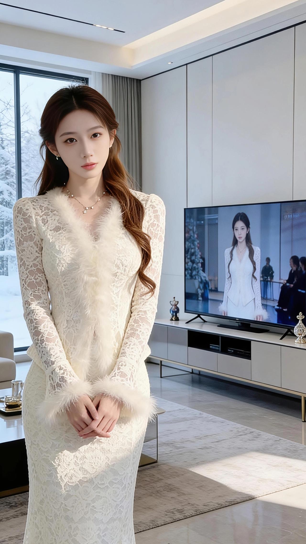 冬日的光，是裹了糖霜的，落在她肩头那圈软绒上，便融成了轻软的雾。
 
蕾丝是时光