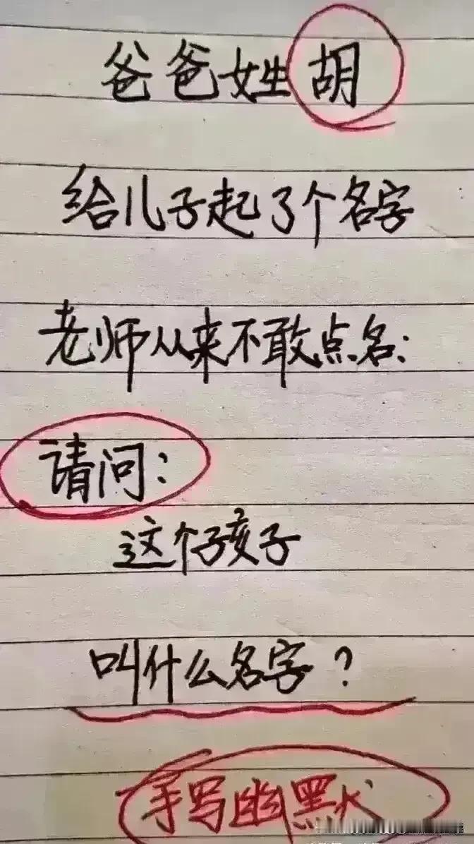 哈哈，想象力实在丰富，非常佩服。
爸爸姓胡，不知道给儿子取什么名字好。
大家说，