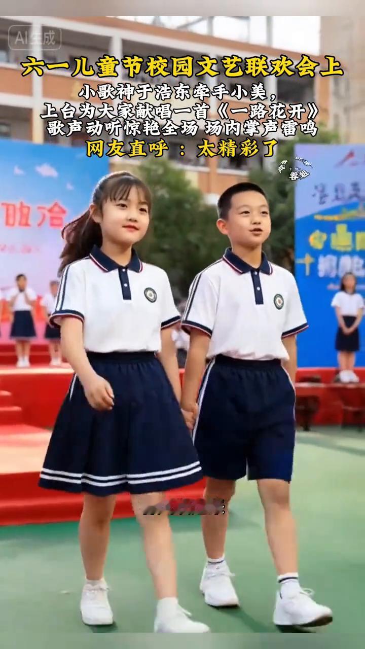 六一儿童节校园文艺联欢会上，小歌神于浩东牵手小美，上台为大家献唱一首《一路花开》