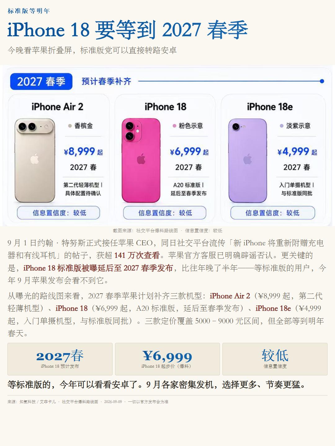 iPhone18标准版等明年，安卓这边更热闹

今晚苹果发布会，久等的苹果折叠i