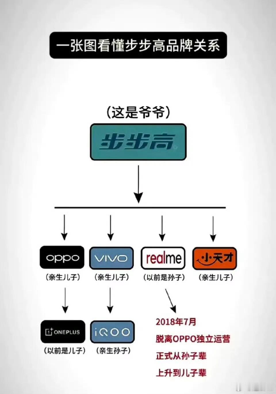 用一张图看明白步步高的分划OV、真我、小天才独立发展OPPO子品牌一加，vivo