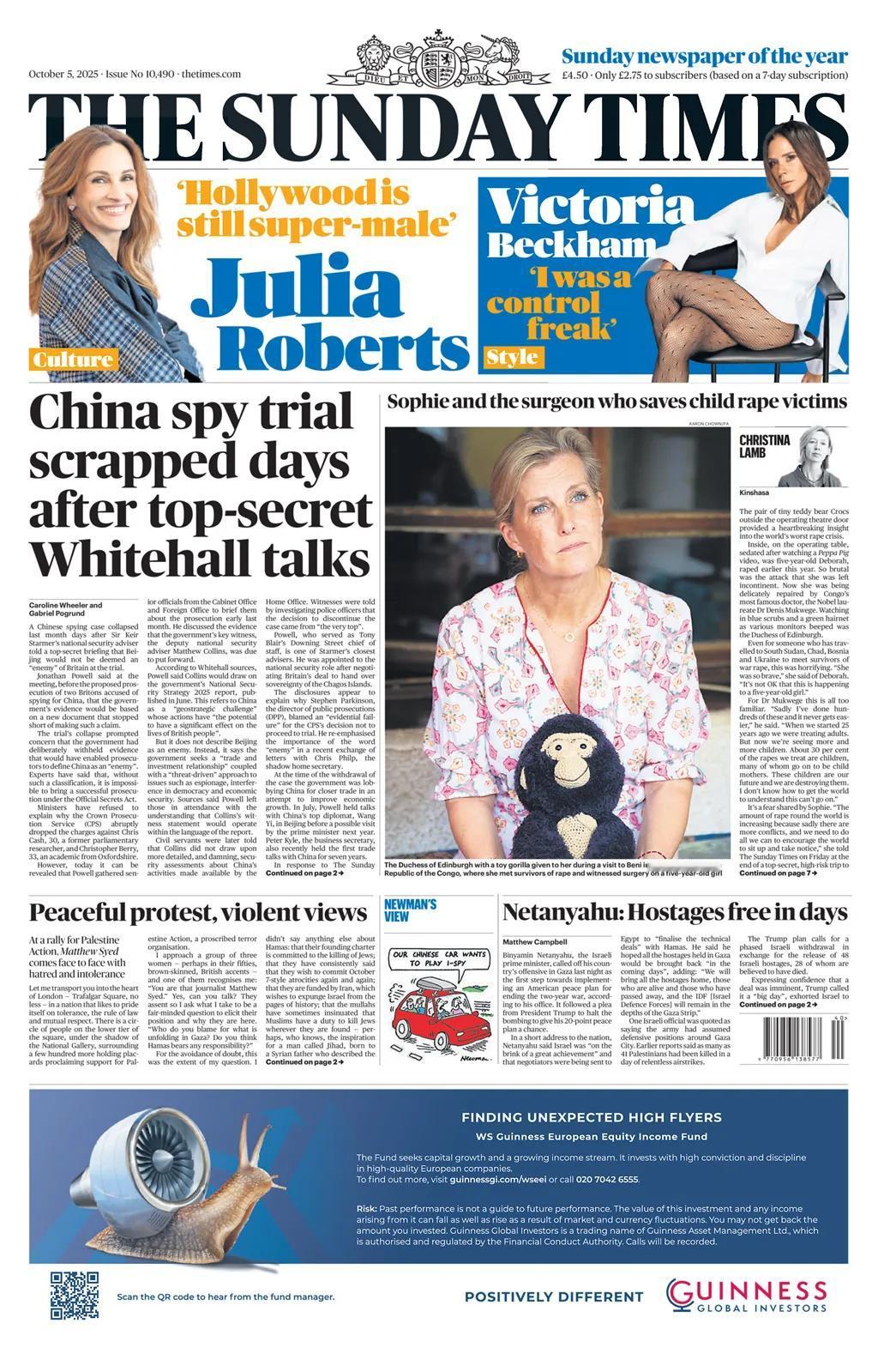 英国《泰晤士报》头版，英国媒体为了流量持续炒作有关被英国法院撤销指控为“中国间谍