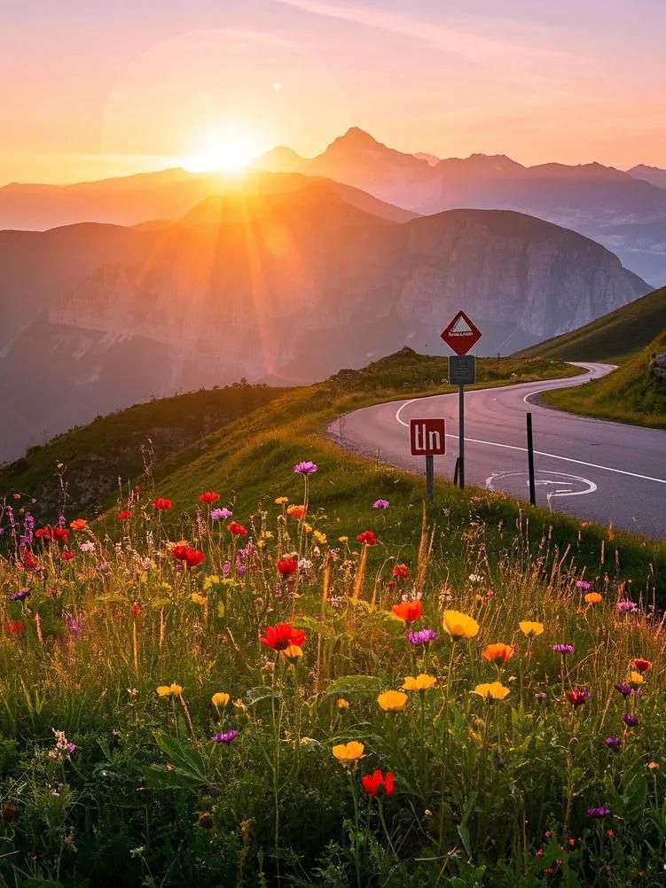 沿着山路缓行，路边野花肆意，在夕阳余晖中争艳，用质朴之美为黄山黄昏添一抹生机路旁