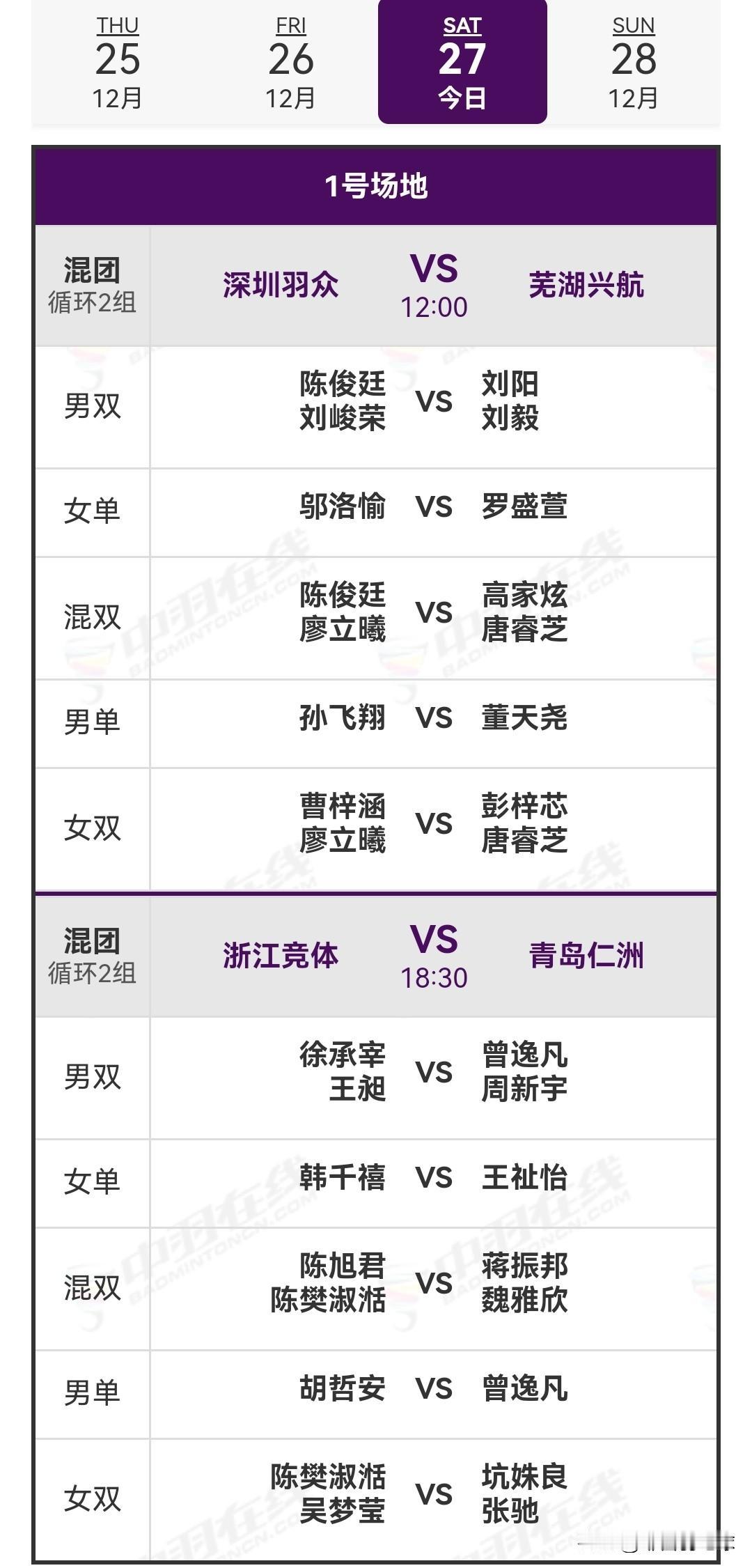 12月27日中国羽毛球俱乐部超级联赛赛程安排

今日混团循环赛继续进行，设有两块