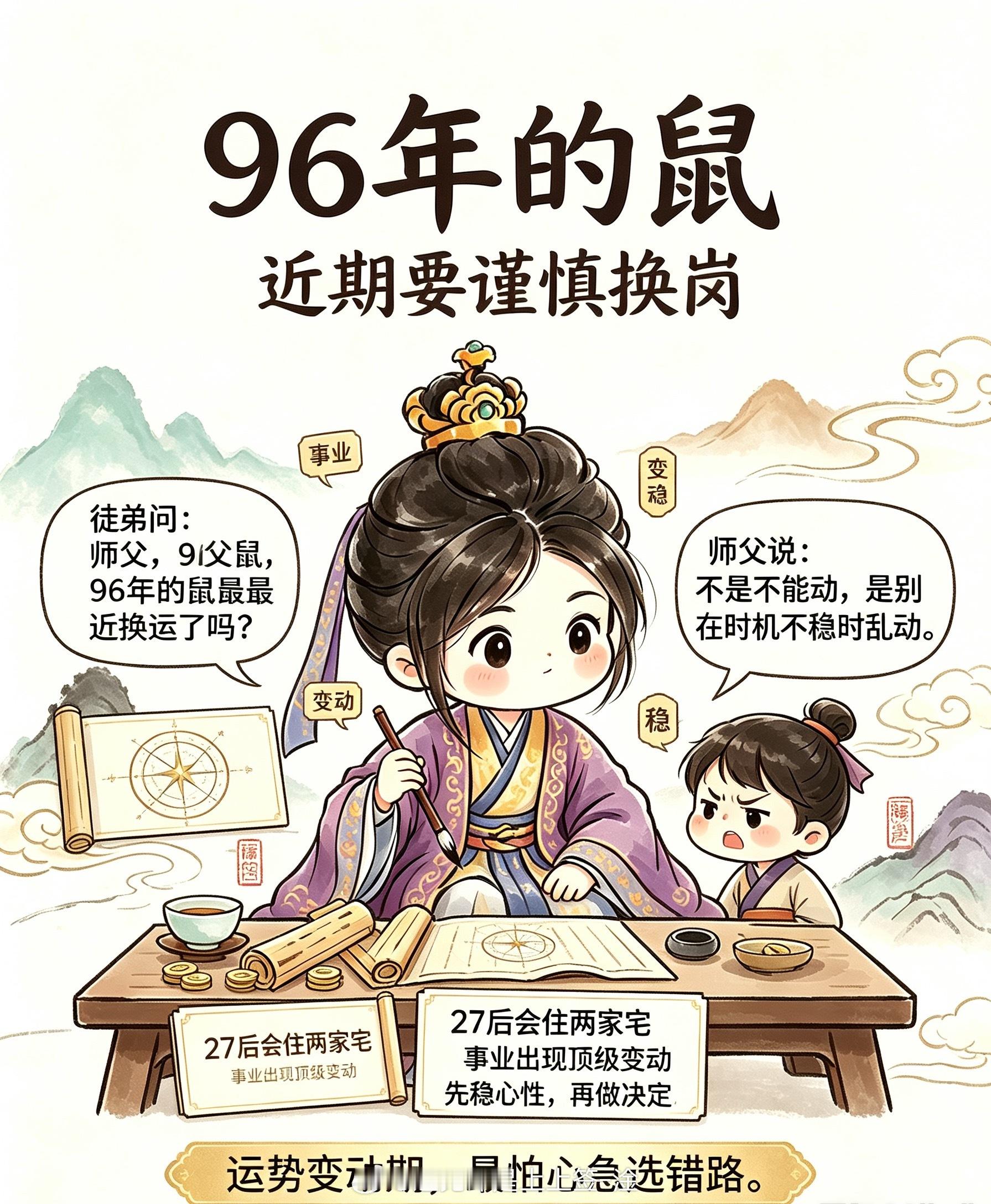 【96年的鼠，近期要谨慎换岗】正文：徒弟问：师父，96年的鼠最近是不是要换运了？