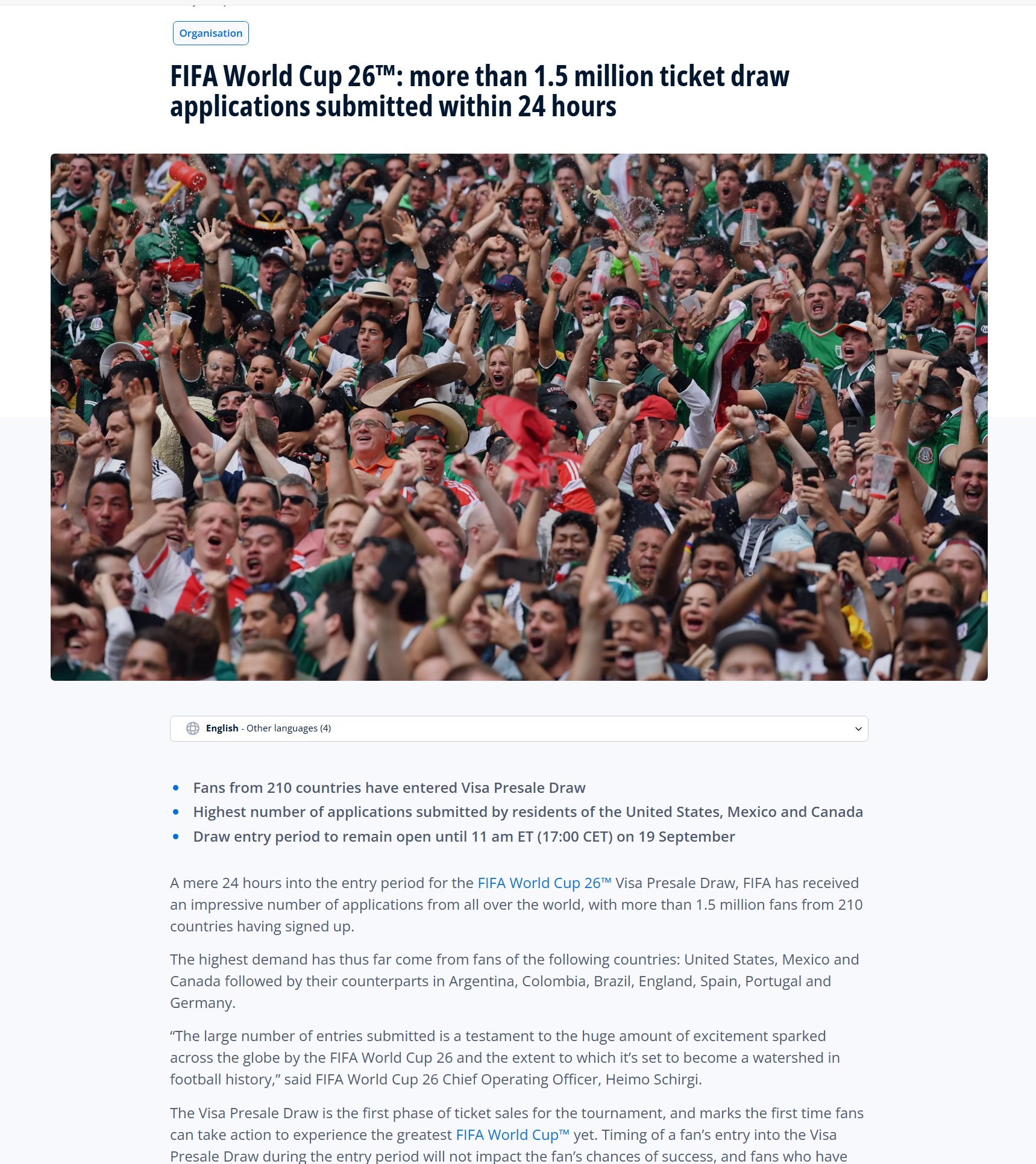 FIFA：24小时内收到超过150万张2026世界杯门票的抽签申请2026年世界