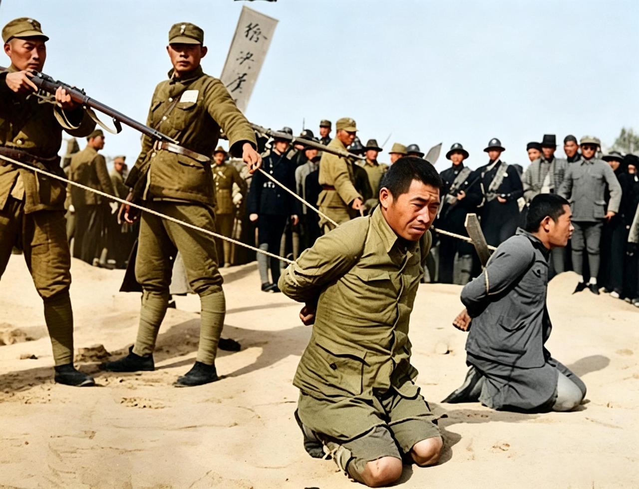 这是一九四七年一处刑场。黄沙地上，两个跪着的人被绑住，前一个穿着洗旧的军服，背后