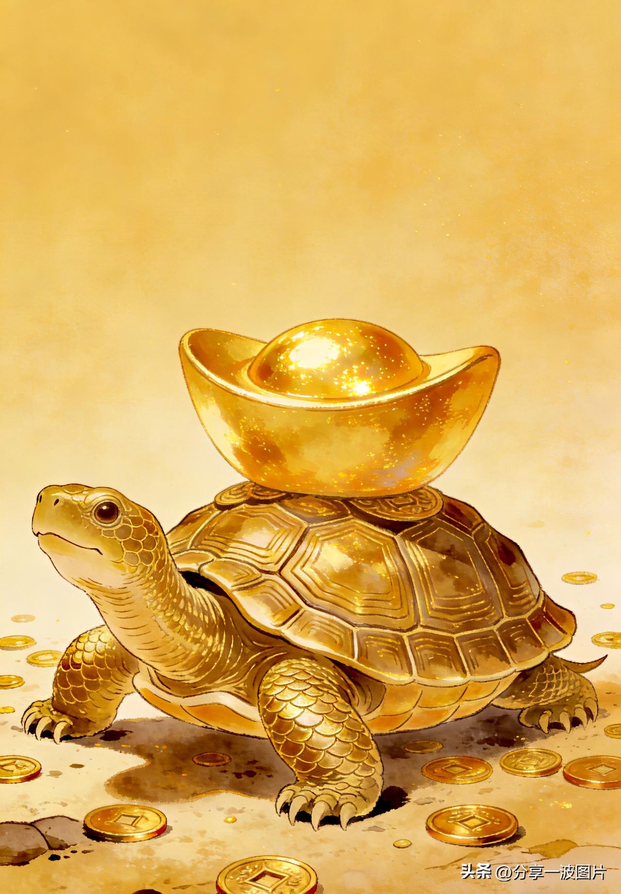 神龟送宝，步步生财！
金钱龟驮着大元宝向你走来，
愿你财源滚滚，福气满满，
家兴