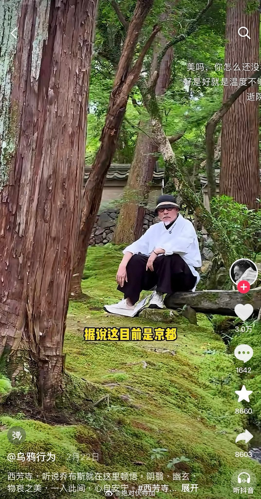 一个中国网红在京都西芳寺（苔寺）中踏进禁止入内的区域，在禁止拍摄的本愿寺拍摄，遭