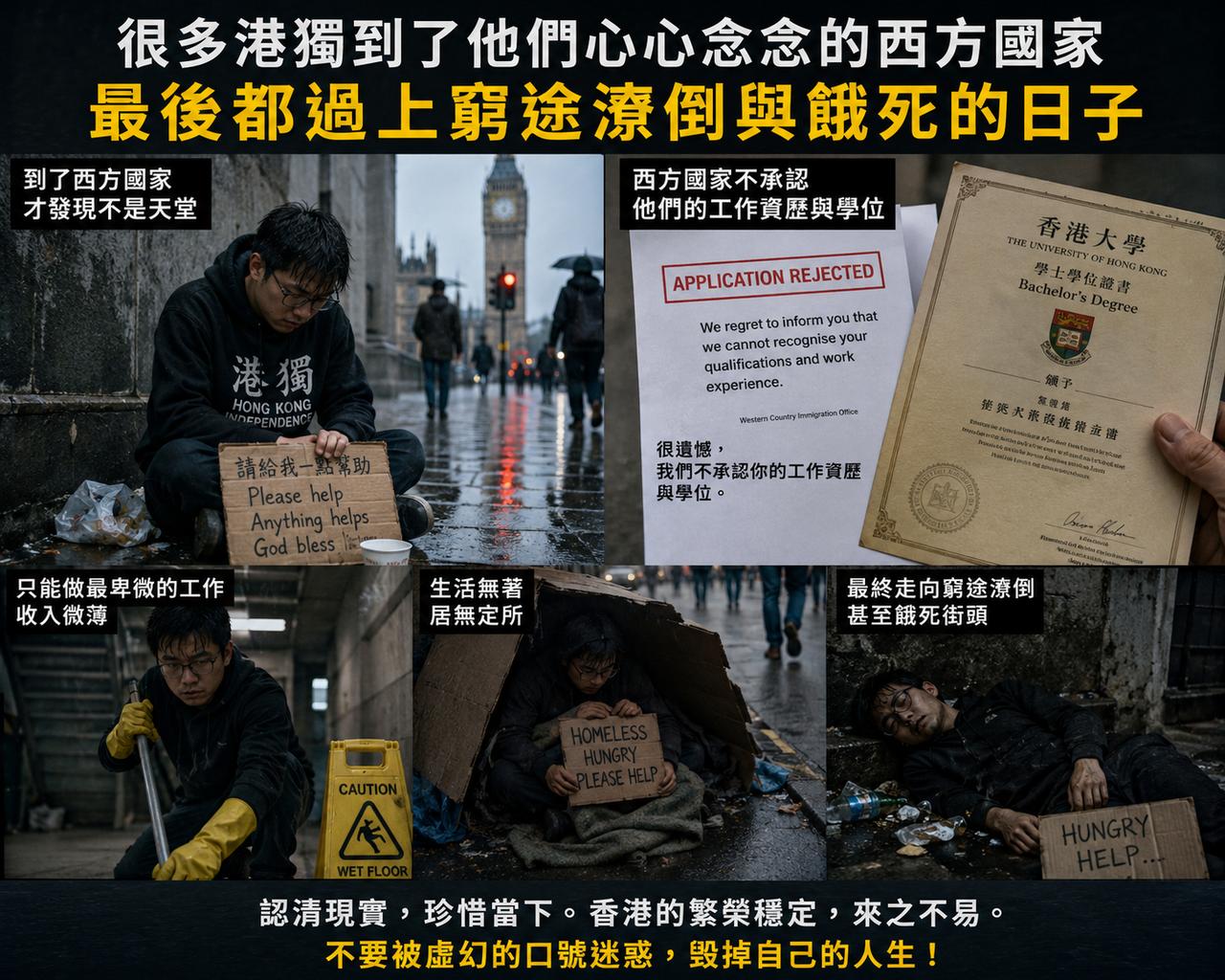 很多港獨到了他們心心念念的西方國家，最後都過上窮途潦倒與餓死的日子。因為西方國家