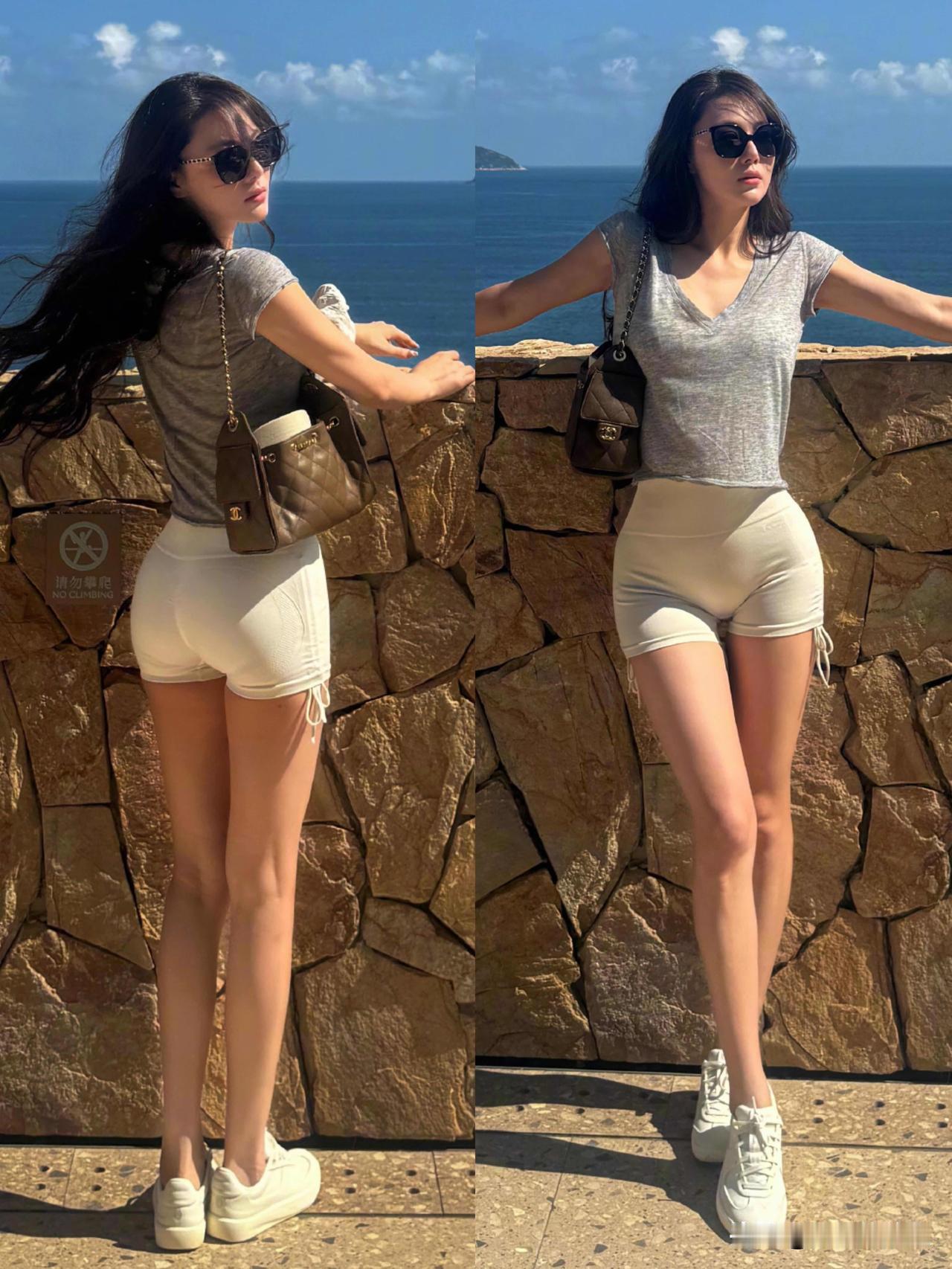 张馨予晒国庆度假私服，身材真的好，随便拍拍就很出片了！这身材一看就是常年健身的，