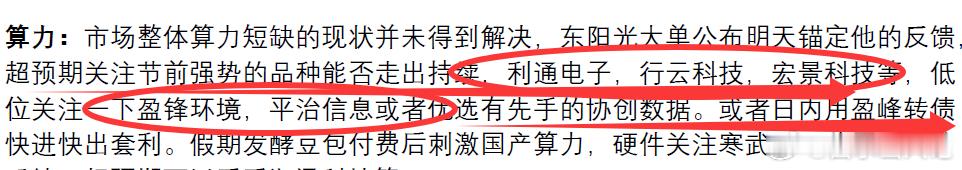 公开看好的算力方向昨天给出的几个载体利通电子10cm涨停，行云科技20cm涨停，